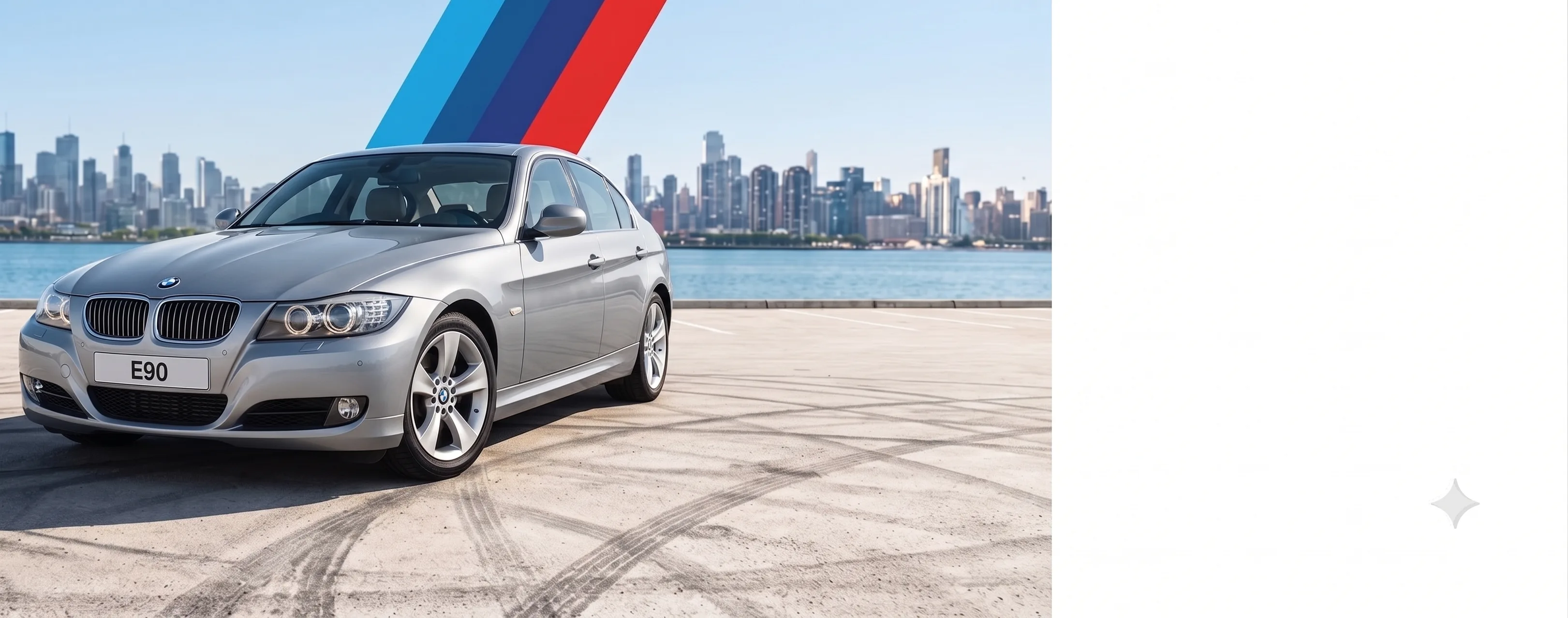 BMW 3 Series E90 parked with city skyline in the background