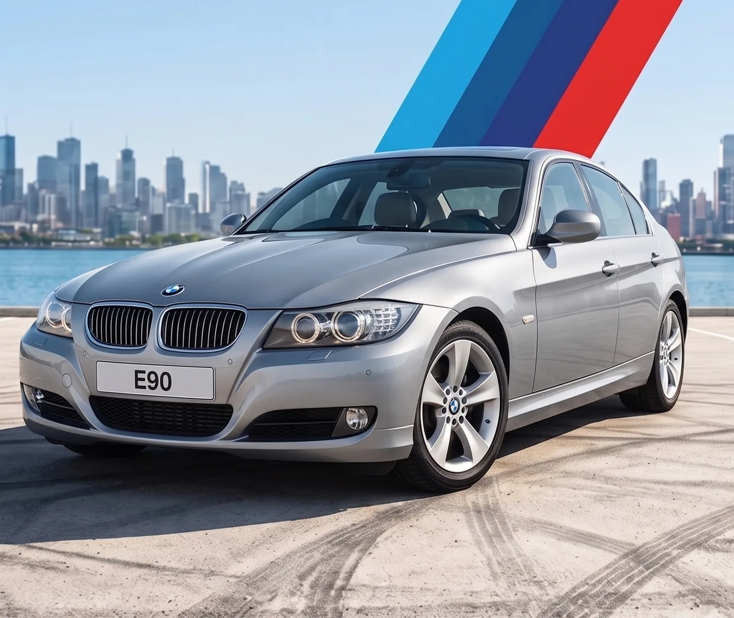 BMW 3 Series E90 parked with city skyline in the background